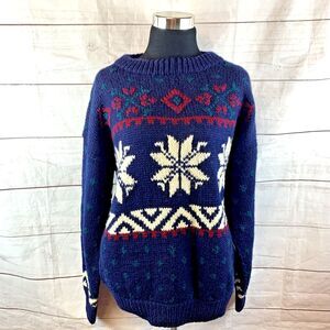 vintage Handknit wool sweater pullover blue geo aztec Tribal Unisex Medium M Ski